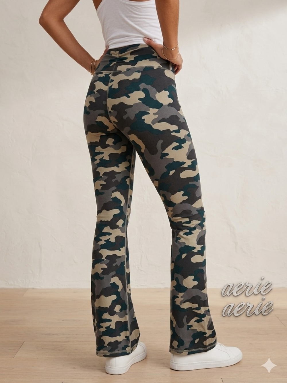 Aerie OFFLINE Camo Flare Leggings, Ruched Back V-Waist, Camouflage Yoga Pants